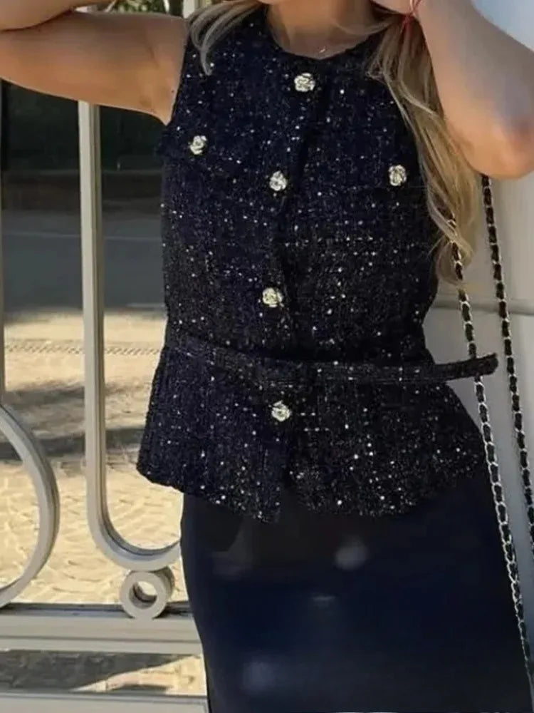 KONDALA Vintage Belt Twist Waistcoats Women O Neck Sleeveless Gold Button Vest Fashion 2025 Spring Summer Office Lady Blazer Top