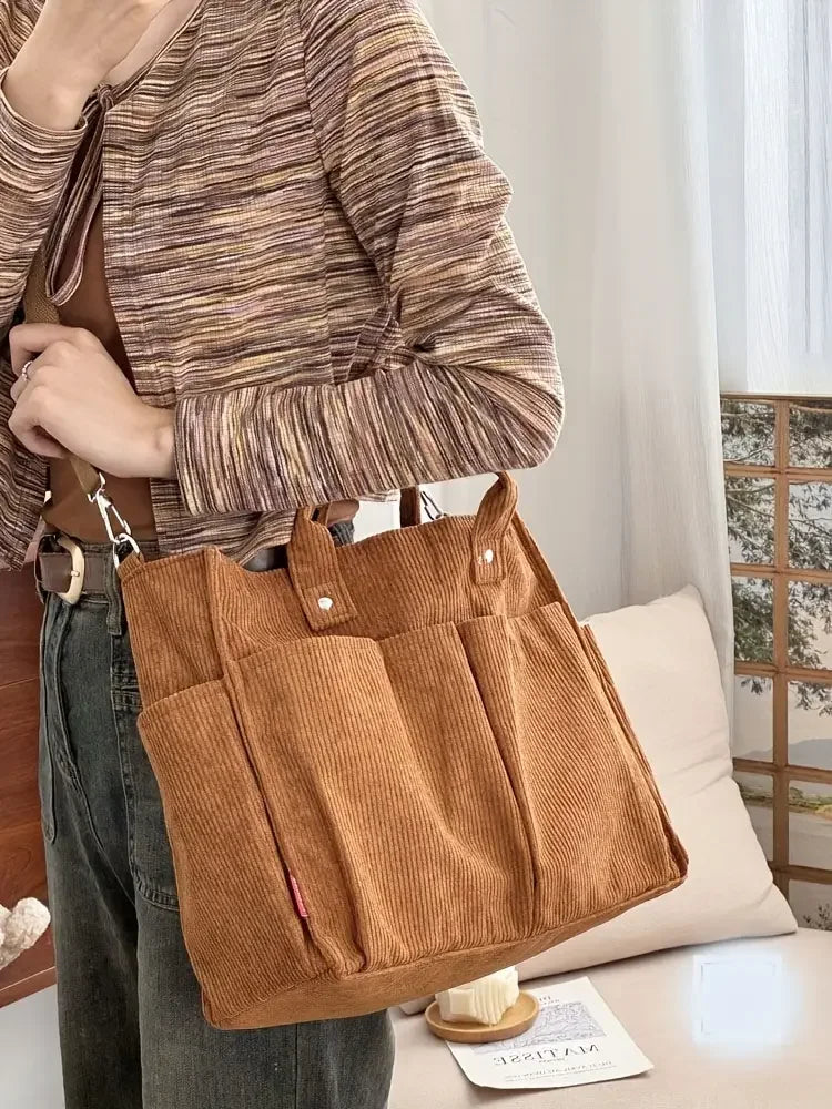 Corduroy Crossbody Tote Bag Stylish Commuter Shoulder Bag with Multiple Spacious Pockets Handbag for Women
