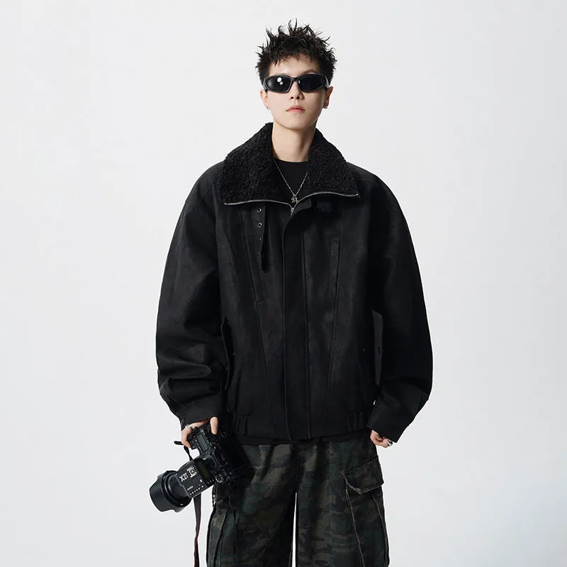 WTHT Fashion Men‘s Plush Spliced Thicken Design Loose Coats Trendy 2025 Autumn Solid Color Laple Casual Jackets Male 2A2218