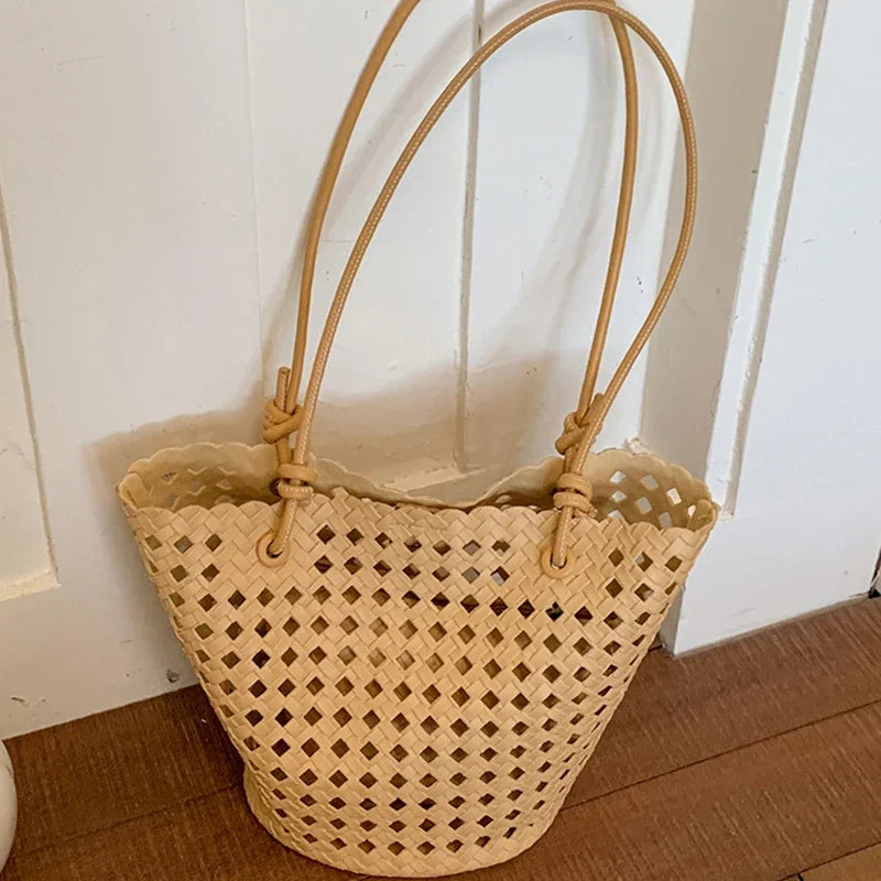 Hand-woven Openwork handBag With Zipper Inner Pocket,summer Pu Leather Beach Bucket Bags,large Capacity Simple Shopping handBag