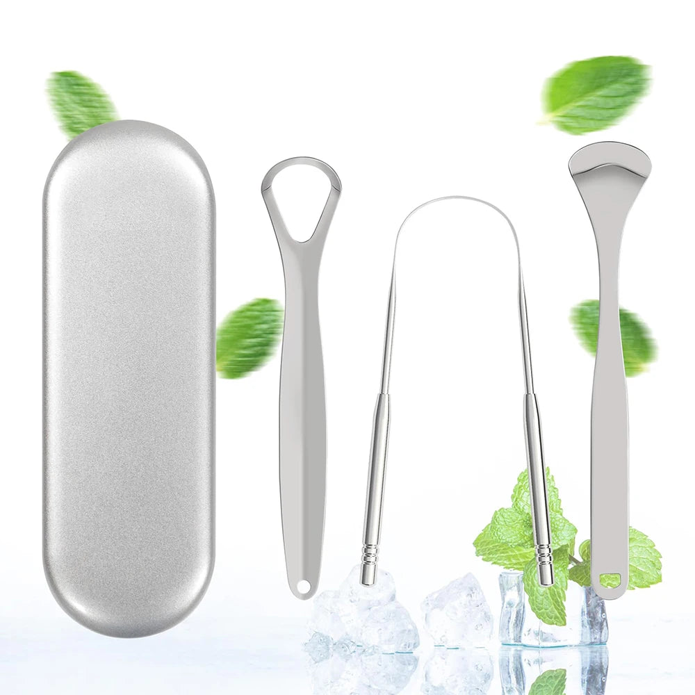 Premium Stainless Steel Tongue Scraper Cleaner Set Fresh Breath Cleaning Coated Oral Hygiene Tool Portable Travel Handy Carry