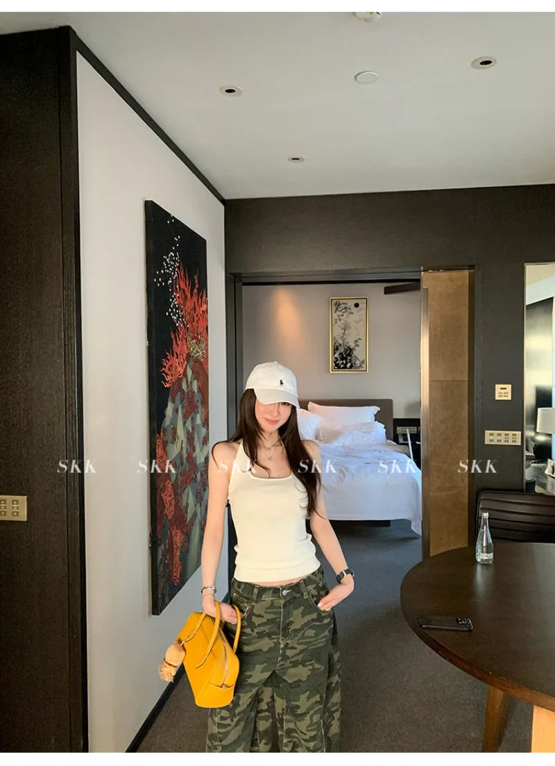 YJKDYK High Waist Camouflage Workwear Jeans Women's Autumn Spring American Retro Wide Leg Floor-Length Pants Trendy High Street