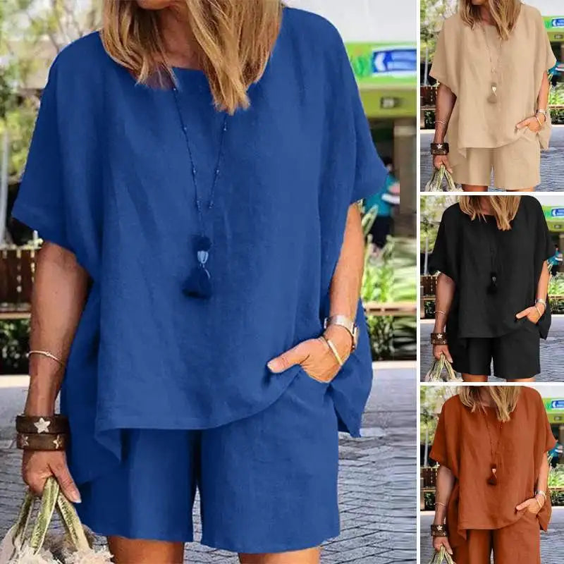 Ladies Shorts Suit Fashionable Summer Women's Elegant Solid Color Pullover Loose Cotton Linen Short Sleeved Shorts Two-piece Set