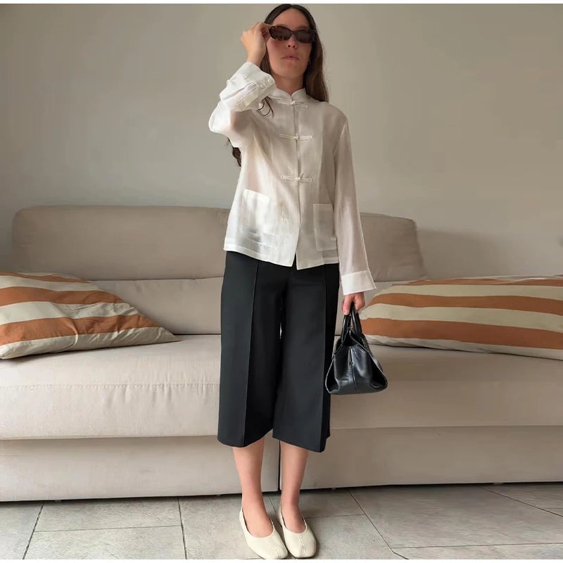 Loose Women's Frog Buttons Mandarin Shirts See Through Stand Collar Full Sleeve Blouses 2026 Summer Lady Cotton Linen Outwear