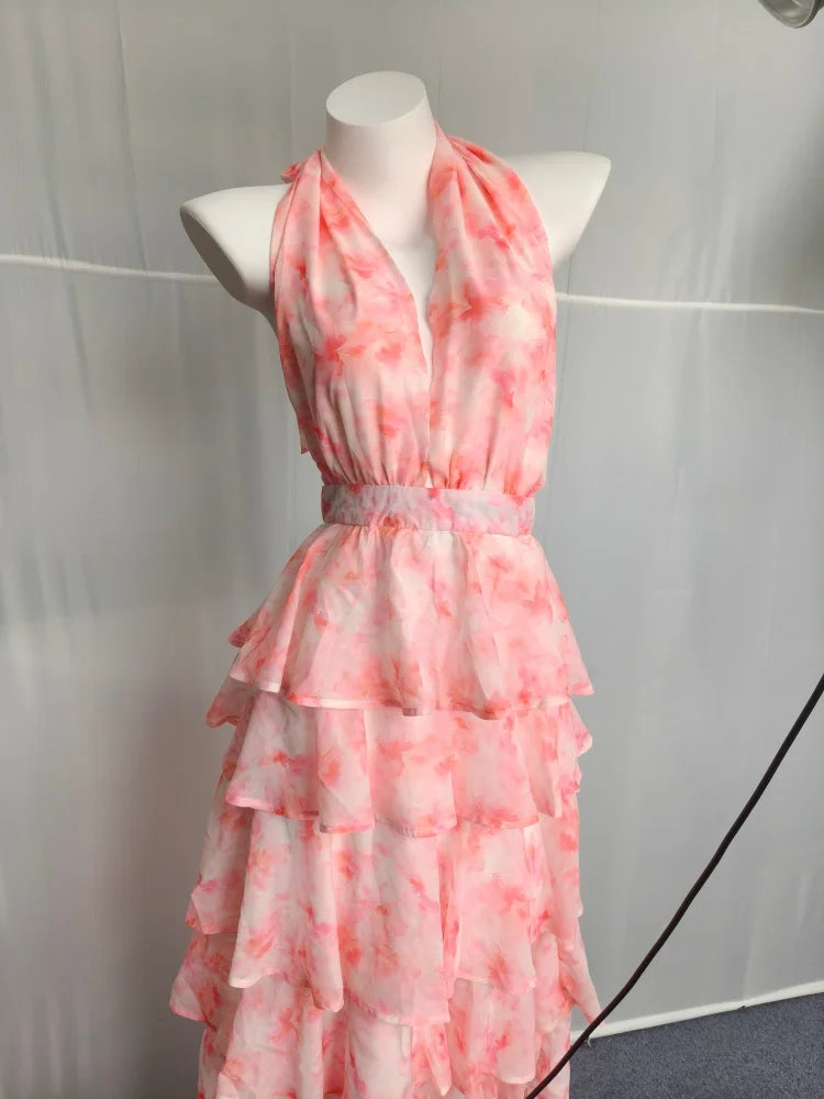 Floral Print Halter Neck Tiered Ruffle Dress Waist Cinched V Neck 2026 Summer Causal Women Vacation Irregular Layered Vestido