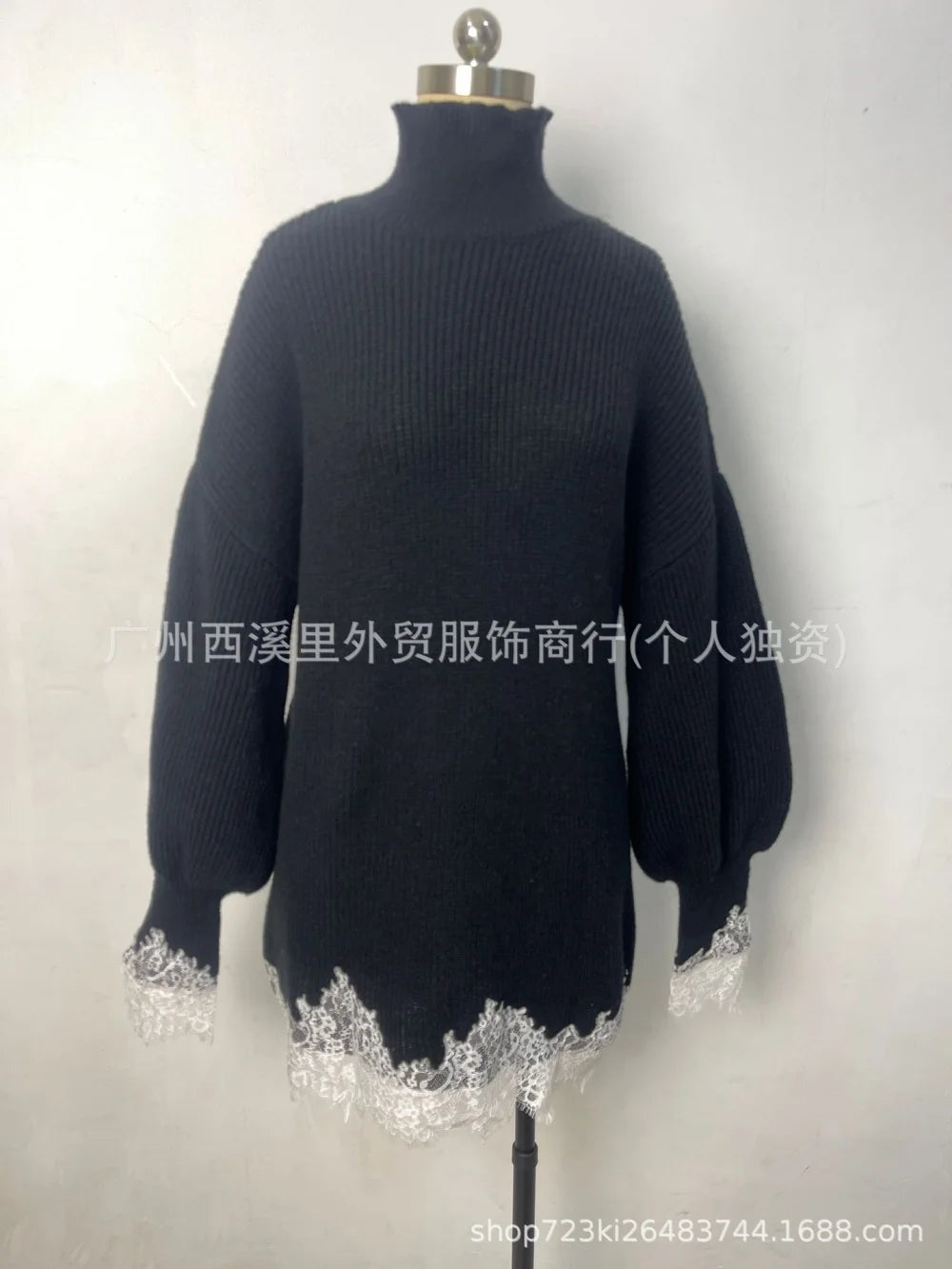 Fall Winter Women Oversized Turtleneck Knit Sweater Dress Lantern Long Sleeve Lace Trim Irregular Hem Loose Pullover Mini Dress