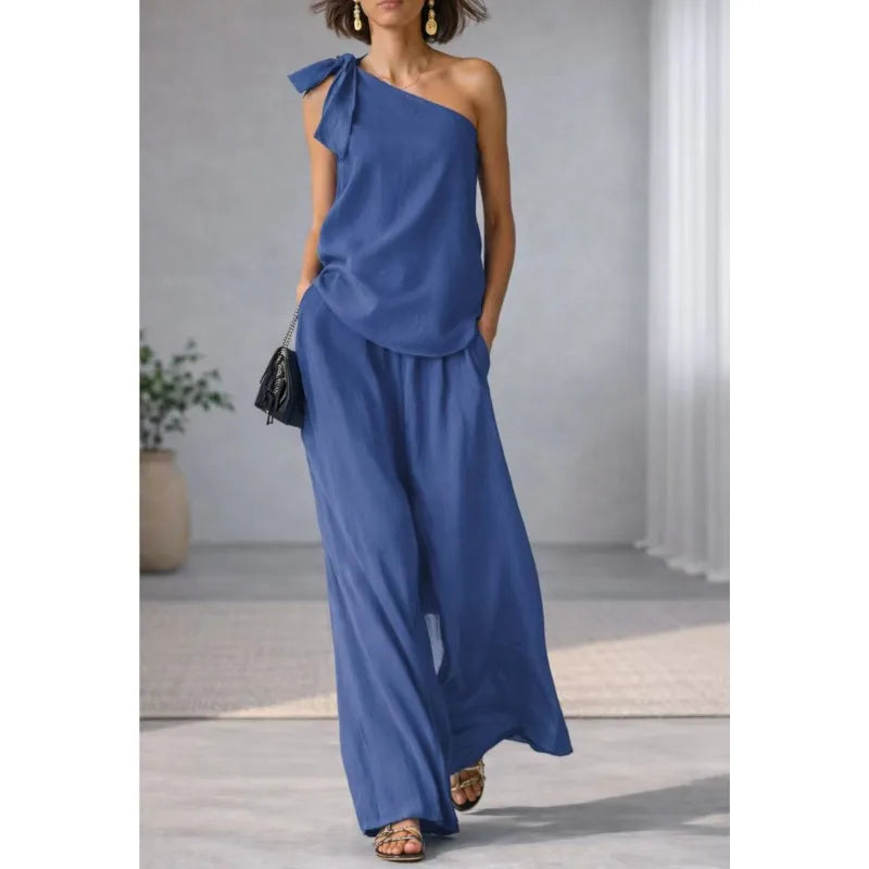 Casual Loose Summer Pants Set 2026 One Shoulder Single Strap Sleeveless Top+Wide Leg Pants Women's Casual Sportswear 2-piece Set