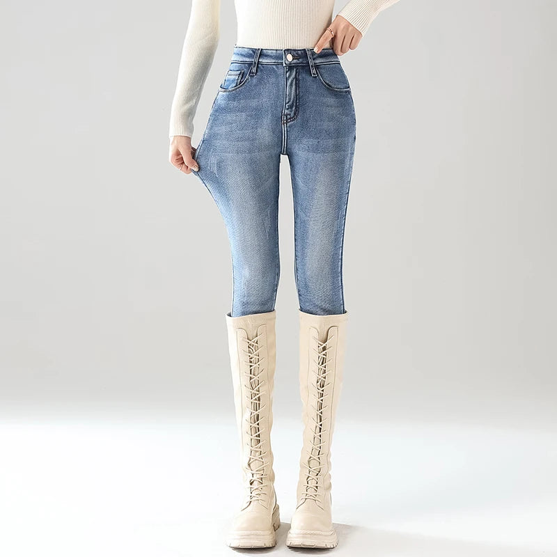 Women Thermal Jeans Winter Snow Warm Thickened Fleece Stretch Skinny Pencil Pants Fashion Korean Slim Fit Velvet Plush Pants