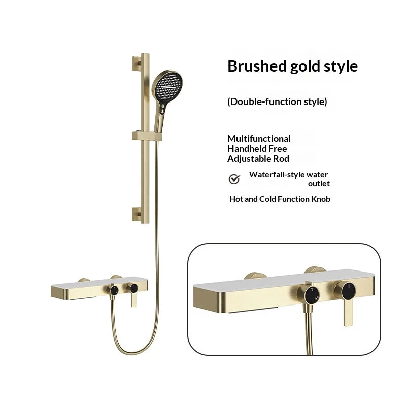 Premium All Copper Shower Set with Heated Waterway Shelf Dual Valves Hot Cold Multi Function High Pressure Shower Head Shower