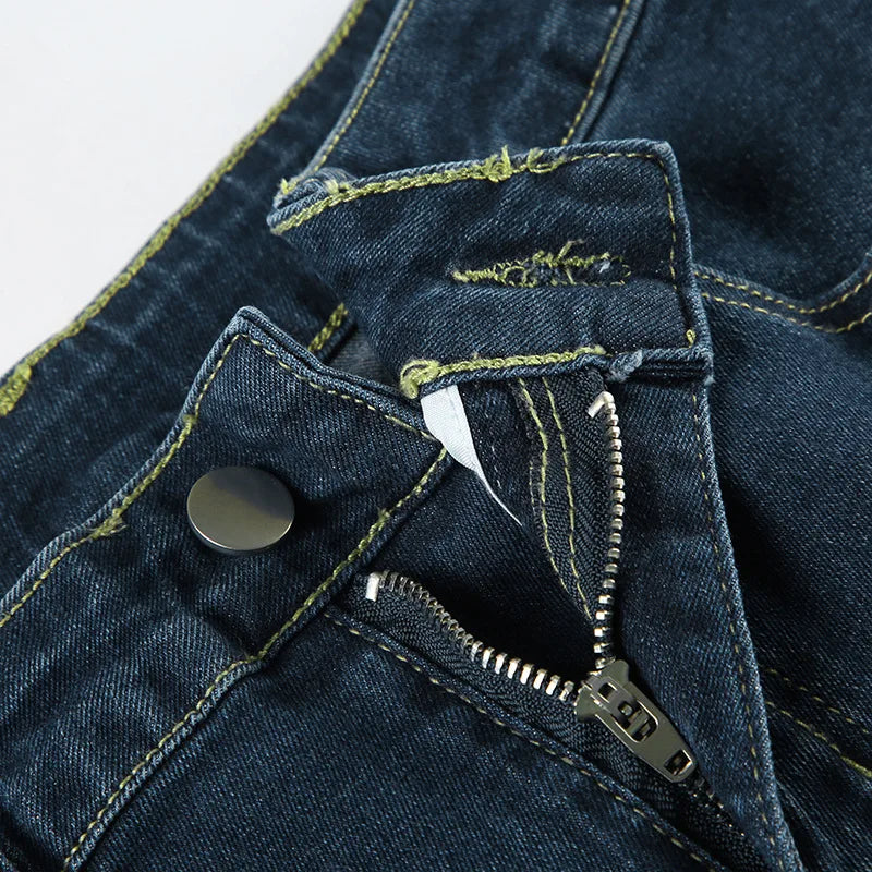 2026 Denim Trousers Y2K Flare Pants Jeans Women Embroidery Boot Cut Low Waist Washed Distressed Pockets Floor Length Streetwear