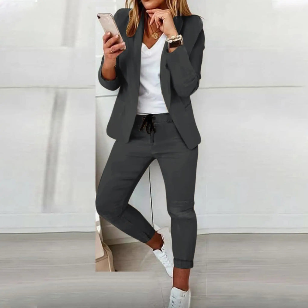 2024 Women's Two Piece Pant Suit Set Outfits Spring Autumn Turn Down Print Blazer Coat Drawstring Pants Suit Women Casual Sets