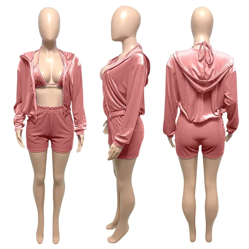 Velvet Tracksuit 3 Piece Set Women Fall Outfits Zipper Hoodies Jacket + Bra + Shorts Sets Sporty Matching Sets Jogging Femme
