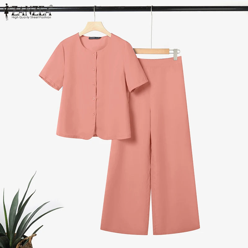 Fashion Summer 2PCS Outfits ZANZEA Women Pant Sets Short Sleeve Buttons Tops Suit Casual Solid Work OL Tracksuits Matching Sets