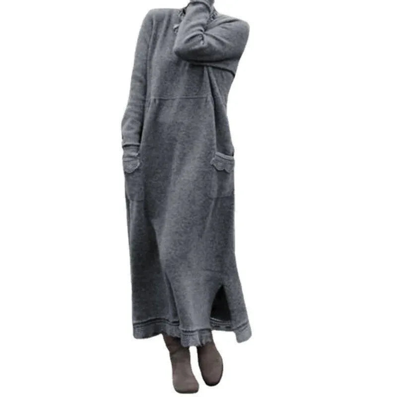 Women's Maxi Dress Autumn Winter Fashion New Style Elegant Loose Long Sleeve Hoodie Retro Casual Thick Warm Dresses For Women
