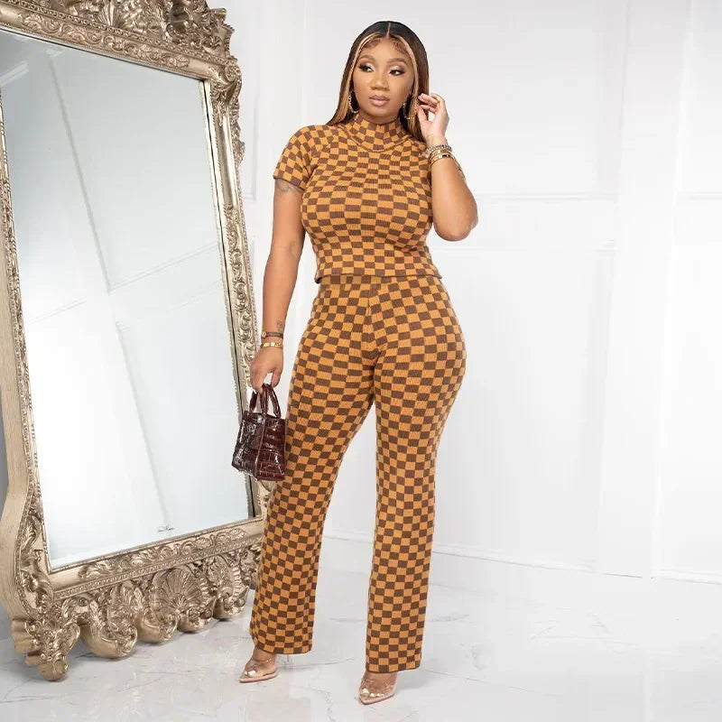 European and American Women's Fashion Fashion Design New Women's Spring Small Pit Strip Printed Checker Slim Two-piece Set