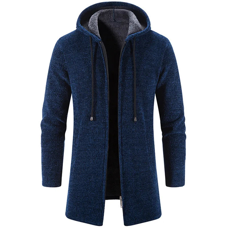 KIDWHXR Man Autumn Winter Cardigan Jacket Fleece Warm Hooded Sweater Coat Male Mid Length Long Sleeve Male Casual Outerwear