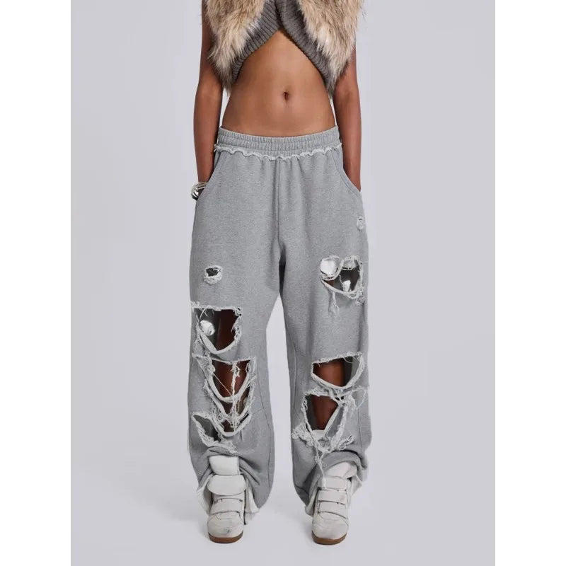 Y2k Grey Ripped Women's Jogging Wide Leg Pants American Retro Hip-hop Drape Thin Sports Pants Solid Color Loose Casual Summer