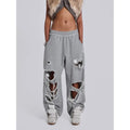 Y2k Grey Ripped Women's Jogging Wide Leg Pants American Retro Hip-hop Drape Thin Sports Pants Solid Color Loose Casual Summer