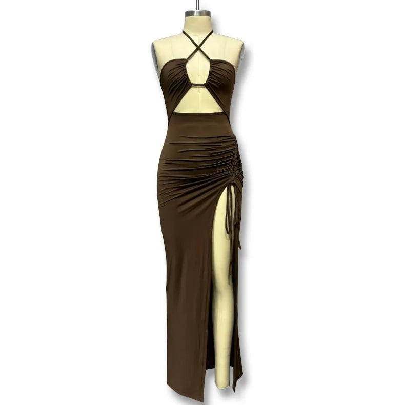 Solid Color Neck Hanging, Pleated High Slit Sexy Dress Birthday Party Dinner Party Sexy Elegant Fashionable Dress