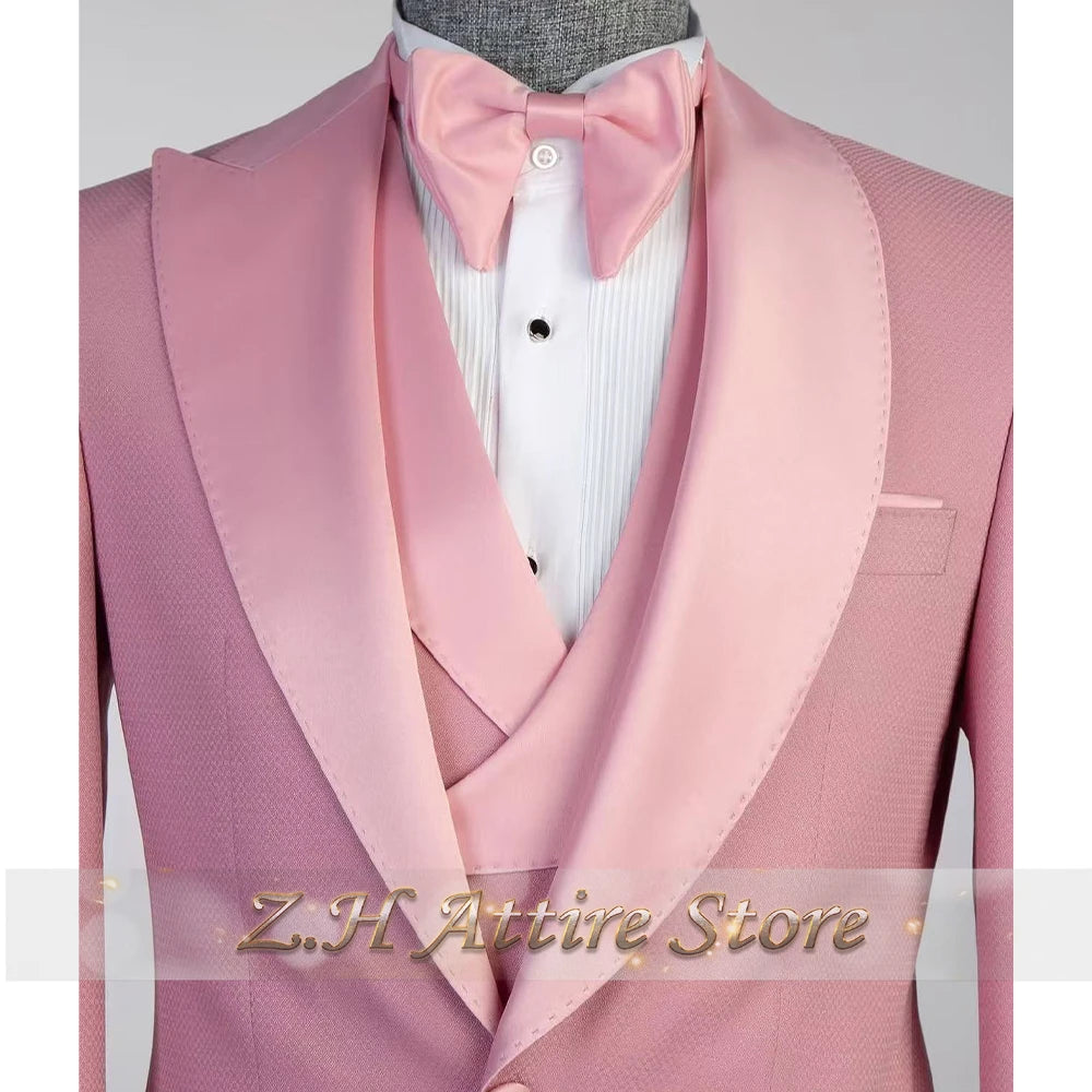 Elegant Pink Men's 3pcs Suit Spliced Satin Lapel Jacket Vest Pants Custom-Made Set for Wedding Groom Cocktail Birthday Party