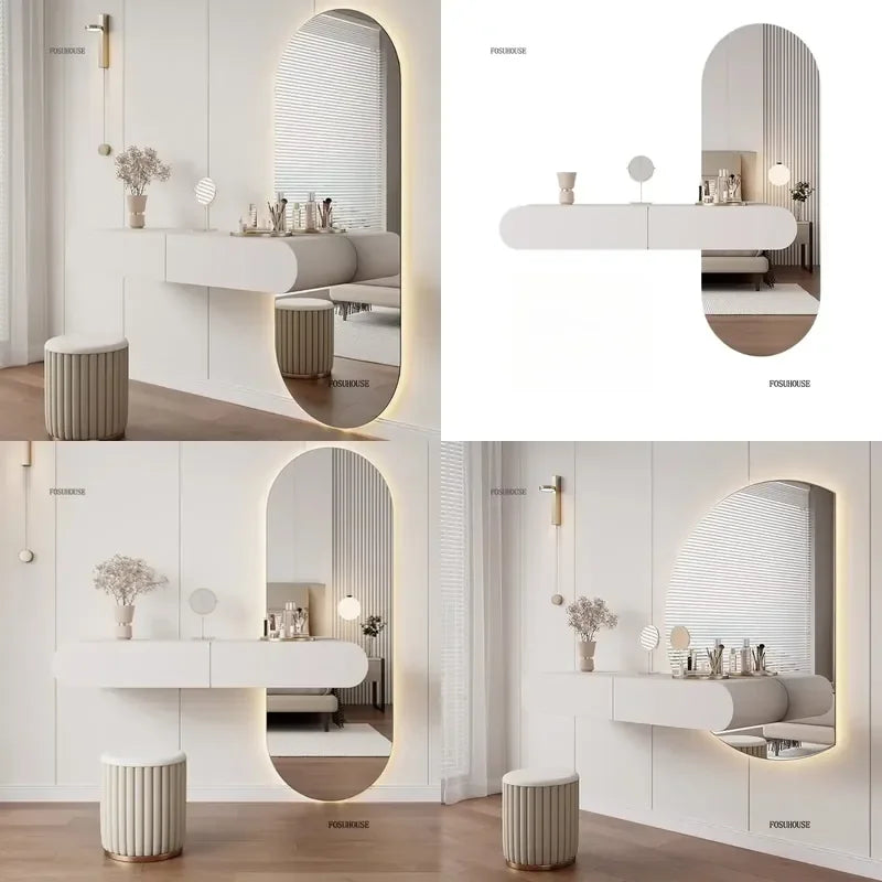 Cream Minimalist Wall Mounted Dressing Table with Mirror for Bedroom Furniture Suspended Vanity Set for Modern Home Decor