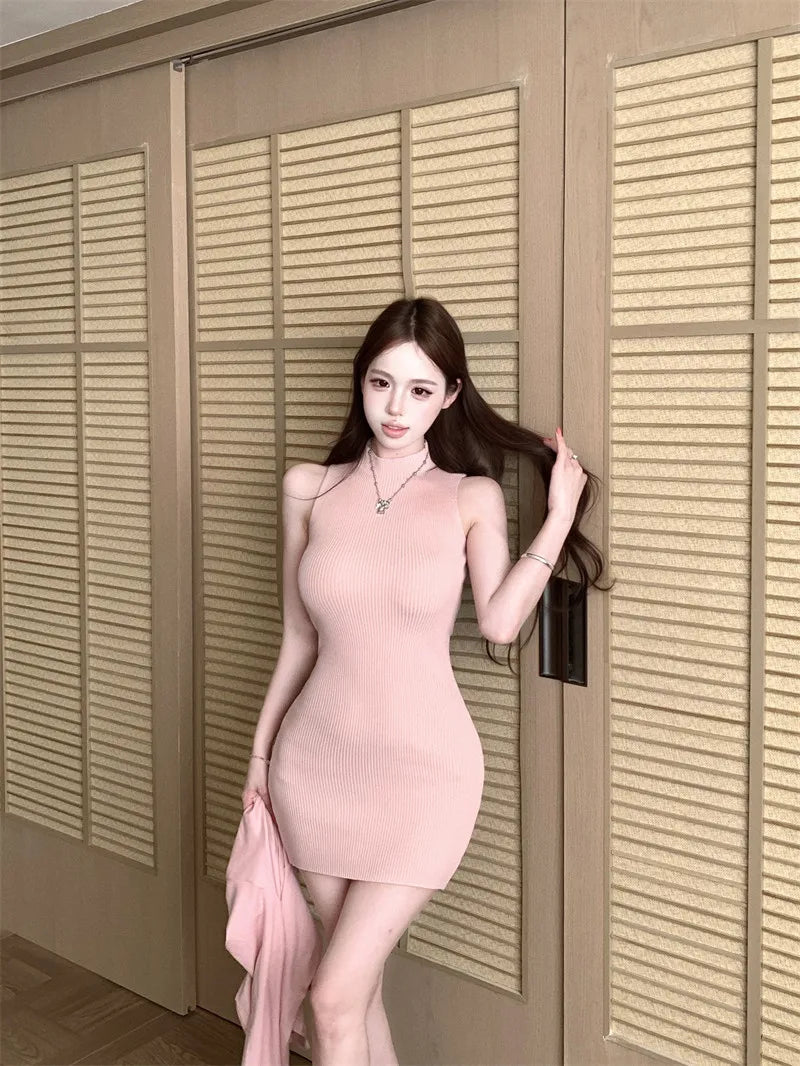 Mint Green Half High Collar Sleeveless Knitted Dress Women's Slim Fit Summer Waist Cinching Short Skirt Trendy Commute Style