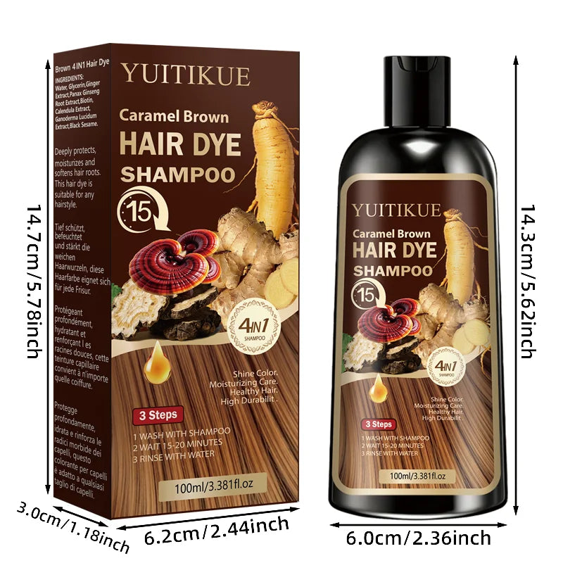 YUITIKUE Caramel Brown Hair Dye Shampoo 100ml 4-in-1 15-Minute Fast Dye & Moisturizing Hair Care
