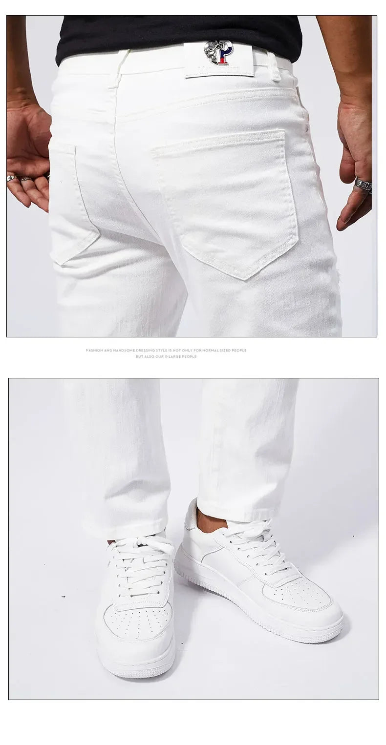 White 97% Cotton Jeans Men Clothing New Ripped Slim Patchwork Fashion Hole Skinny Elasticity Denim Trousers Male Streetwear