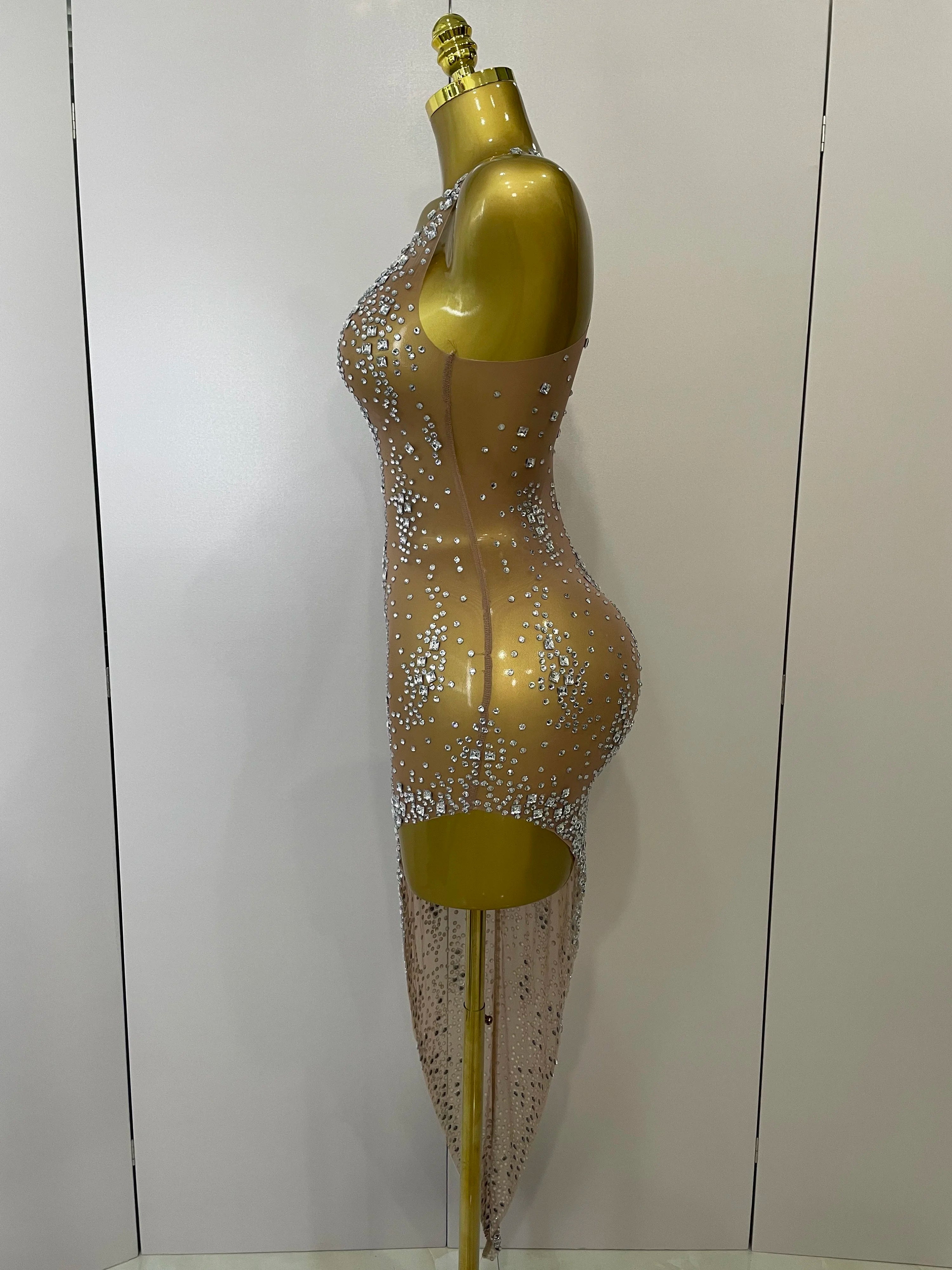 2025 New Sparkly Rhinestone V Neck Stretch Mesh Sexy See Through Dress Women Elegant Party Celebrate Perform Costume Stage Outfi