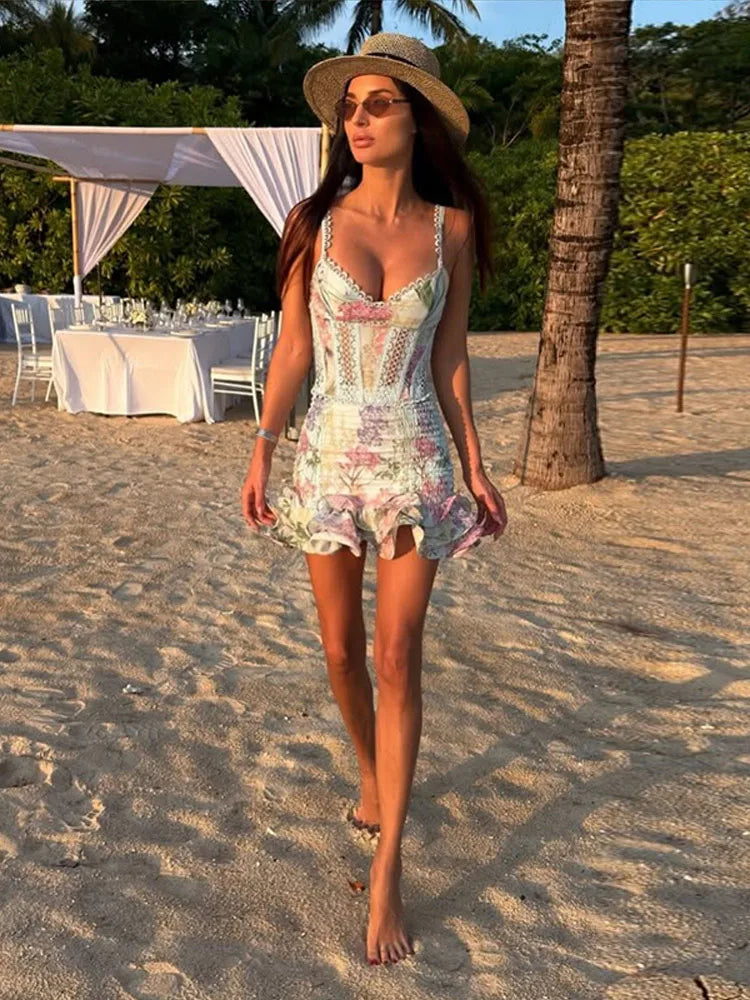 Women's Printed Dress V-neck Lace Hollow Out A-line Spaghetti Strap Pleated Lady Dresses 2026 Summer Chic Female Sexy Party Robe
