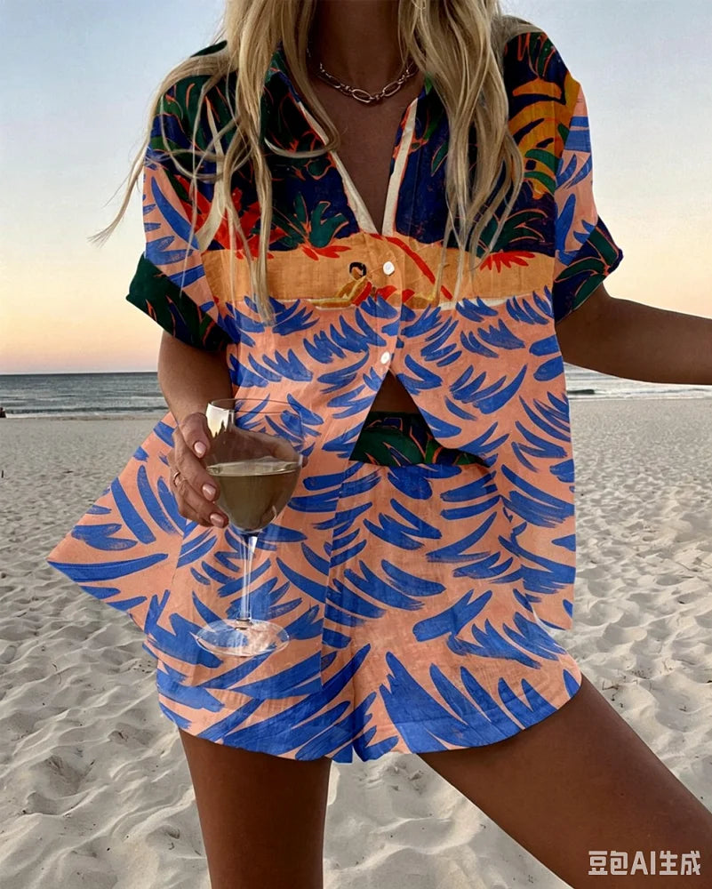Holiday Summer Vacation Shorts Set 3D Printed Seaside Tropical Casual Lapel Shirt Blouse Top Shorts 2-Piece Suits Beach Clothes