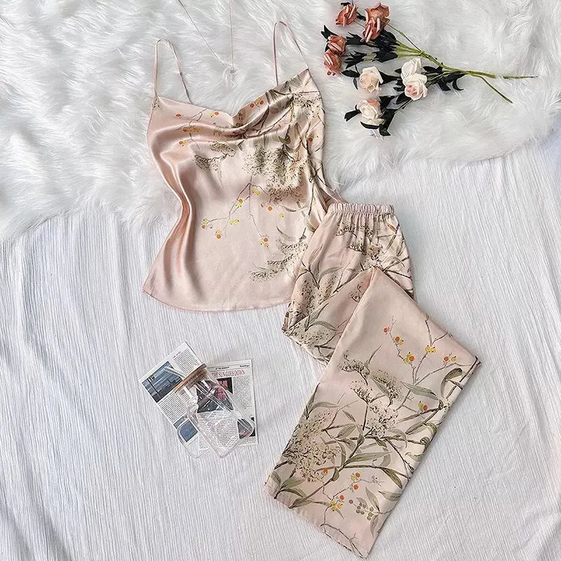Sexy Simulated Silk Printed Camisole And Trousers Two-Piece Set Women's Home Wear Charming Floral Patterned Nightgown Outfit