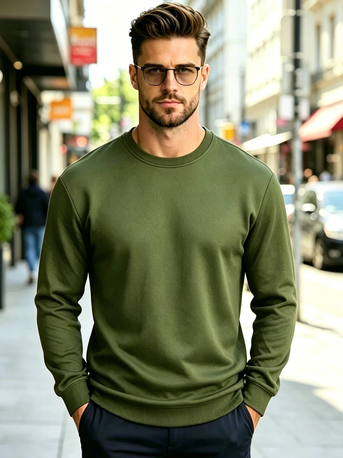Men Solid Plain Crew Neck Sweatshirt Classic Rib Round Collar Cuffs & Hem Reinforced Waffle Stitching Soft Lightweight Wrinkle