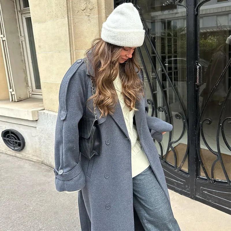 Chic Lace Up Woolen Long Trench Coat Women Gray Double Breasted Lapel Full Sleeve Pocket Coats 2026 Autumn Winter Lady Outwear