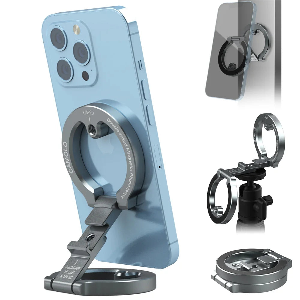 Dual-Sided Magnetic Phone Holder w Cold Shoe 1/4"-20 Gym Car Holder Phone Stand For MagSafe iPhone 17 16 15 14 13 Android Tripod