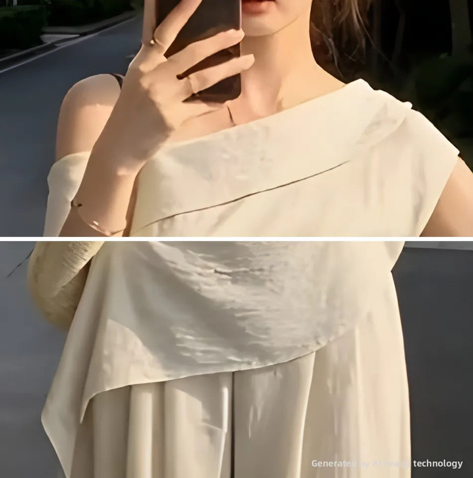 Summer Fashion Set Women's Side Shoulder Short Sleeve T-Shirt And Wide Leg Pants Two-Piece Suit Elegant And Stylish OOTD