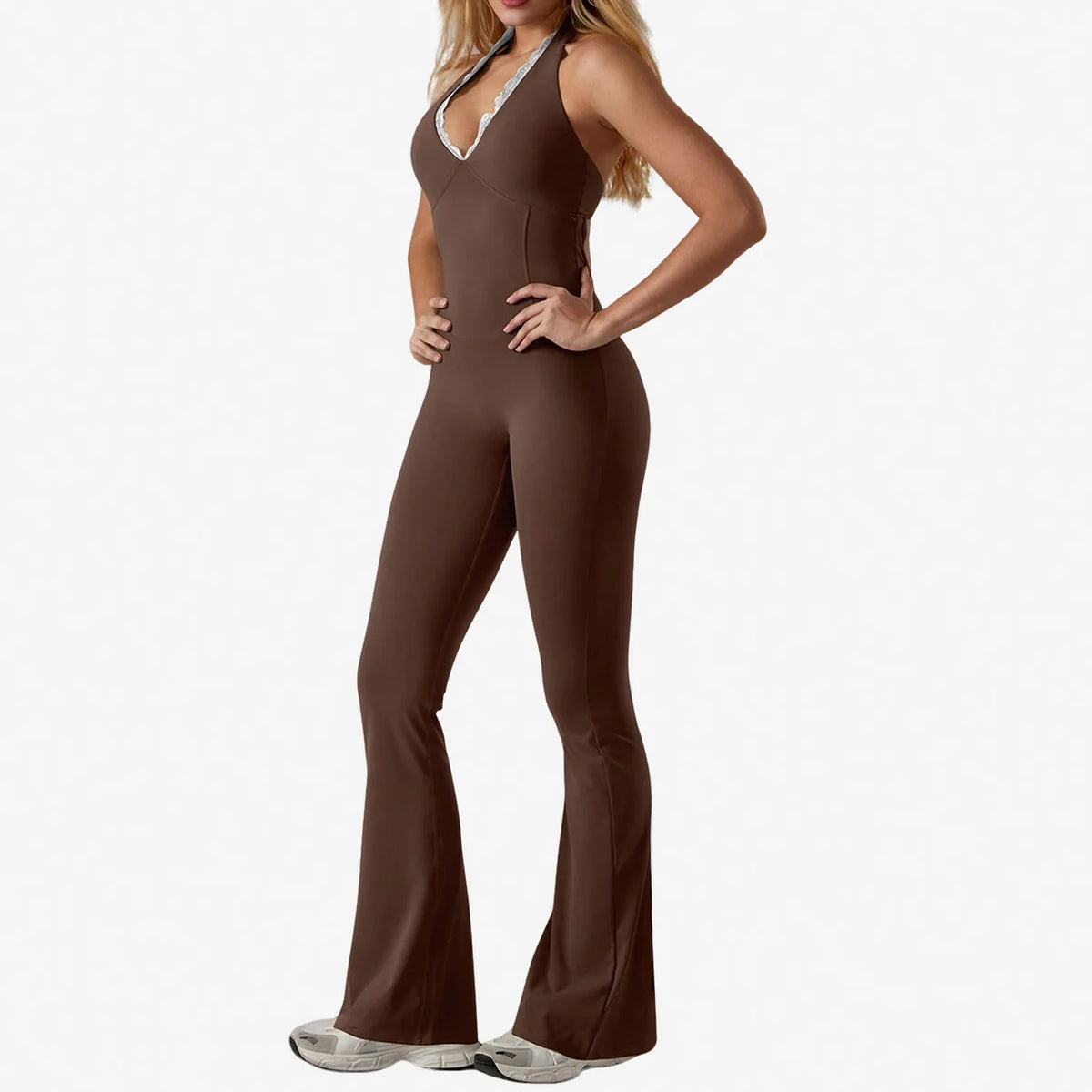 Halter Lace Bodysuit Women Yoga Set Tracksuits Fitness Sports Jumpsuit One-piece Suit Flared Pant Dry Workout Clothes XP11