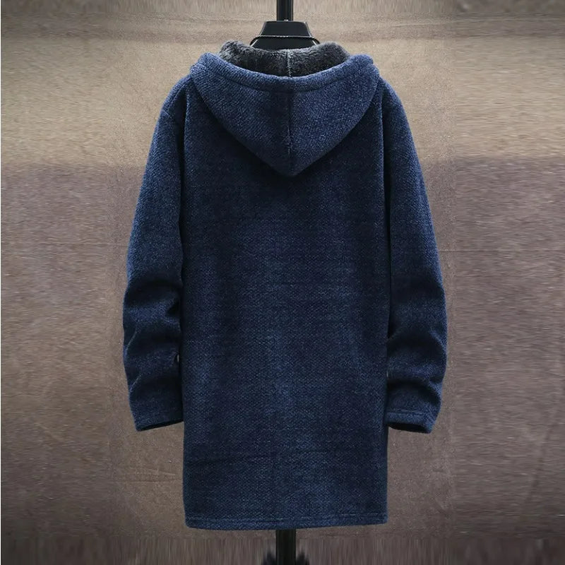 KIDWHXR 2026 Autumn Winter Men Fleece Cardigan Jacket Thicken Windproof Man Hooded Coat Mid Length Long Sleeve Male Sweater