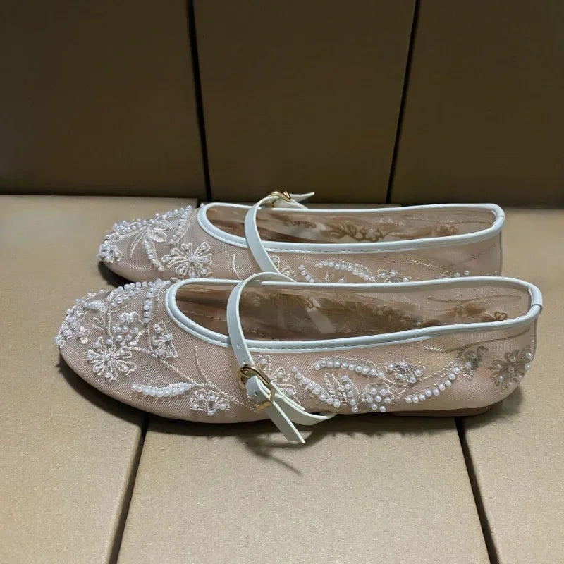 Mesh Embroidery Flower Ballet Flats Women Comfort Round Toe Breathable Mary Jane Shoes Fashion Brand Designer Shoes for Ladies