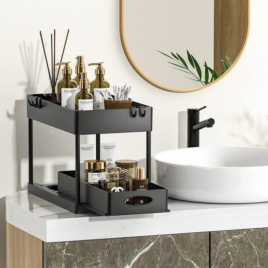 Kitchen Bathroom Under Sink Organizer 2-Tier Sliding Storage Basket Multipurpose Shelf with Hanging Cup and Hook Accessories