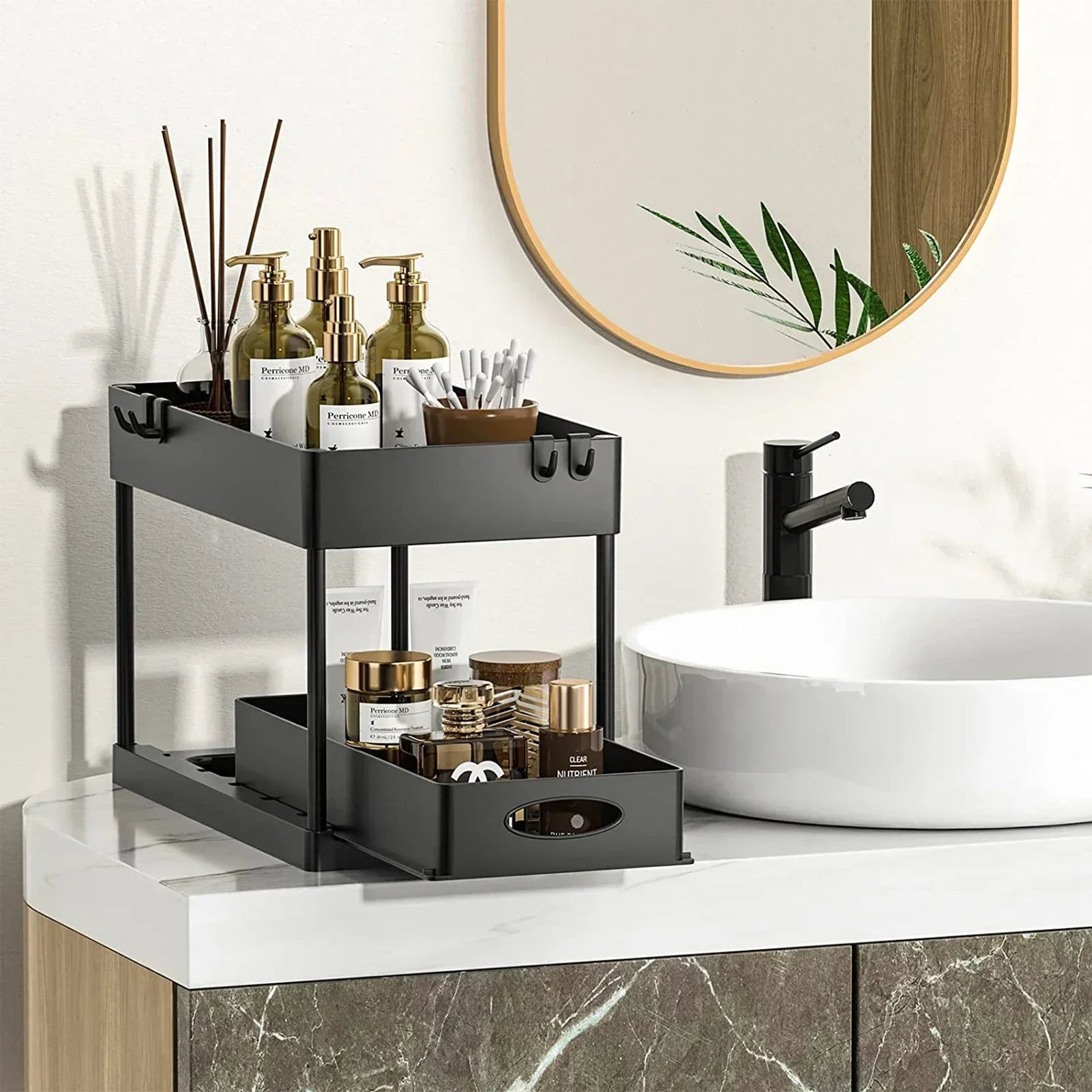 Kitchen Bathroom Under Sink Organizer 2-Tier Sliding Storage Basket Multipurpose Shelf with Hanging Cup and Hook Accessories