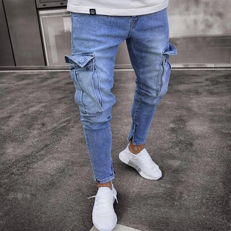 Street Elastic Jeans Men Denim Cargo Pants Wash Solid Color Multi Pockets Casual Mid Waist Trousers Slim Fit Daily Wear Joggers