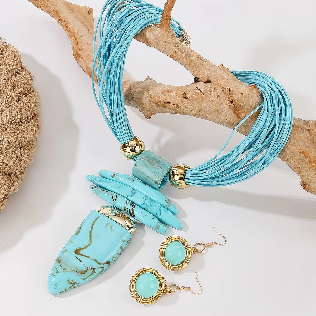 Western Jewelry Set Fashion Irregular Imitation Turquoise Wax Rope Statement Necklace And Earrings Women's Party Accessories