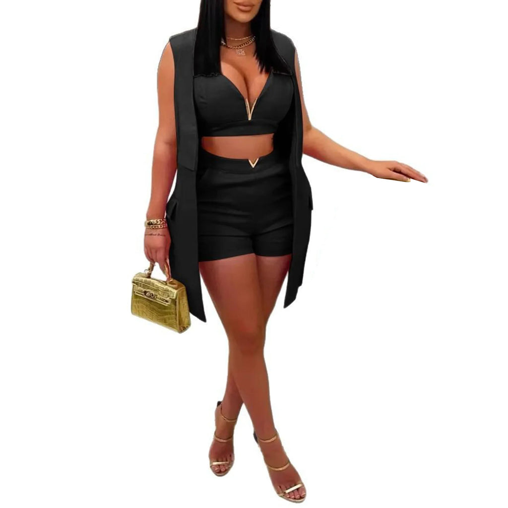 3 Pieces Set Sexy 2025 Summer Spring Fashion Women Set Female Tops Solid Sleeveless Blazers Tops And Shorts Suit Matching Outfit