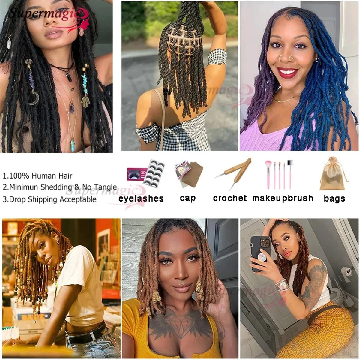 60Strands 0.4/0.6/0.8cm Human Hair Dreadlock Extensions Loc Extensions Human Hair Permanent Crochet Dreadlocks Human Hair 1B