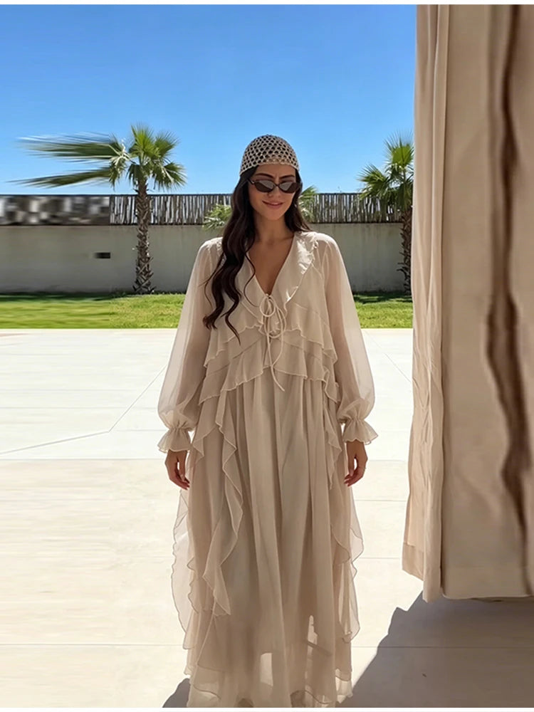2026 Casual Solid Ruffles Patchwork Robe Women Minimalist Full Sleeve Mesh Loose Fit Lace Up Maxi Dress Vacation Daily Date Wear