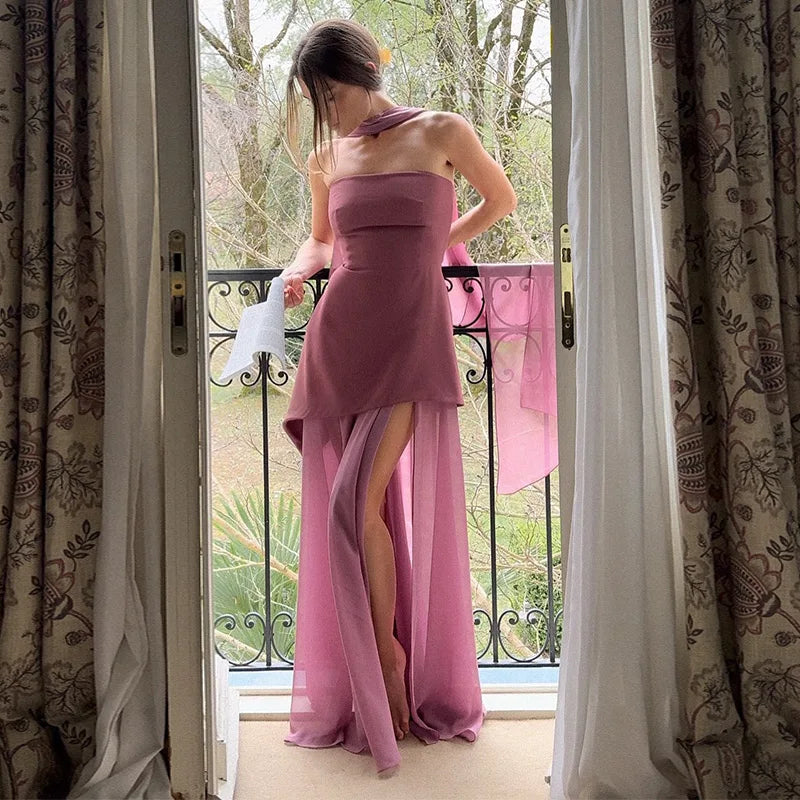 Elegant Halter Long Dress Women's Loose Sleeveless Off Shoulder Floor-length Dresses 2025 Spring Summer Lady Solid Stylish Robes