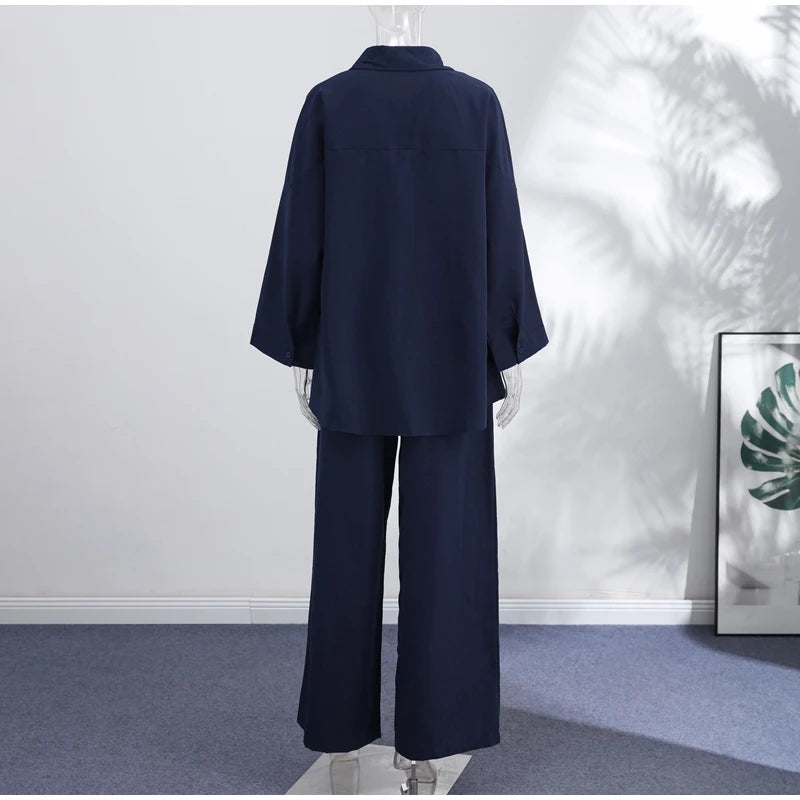 Loose Striped Contrast Wide Leg Pants Set Women Oversized Lapel Single Breasted Shirt Trousers 2026 Summer Lady Casual Outfits