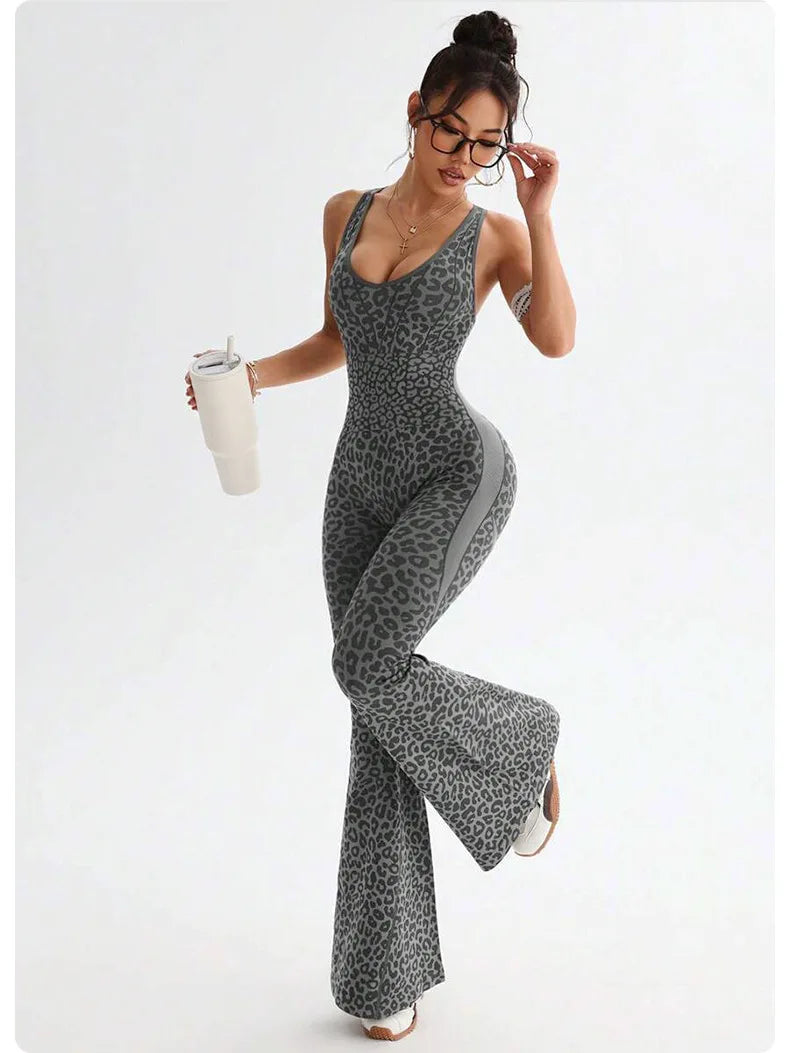 Seamless Leopard Yoga Jumpsuit with Pads Sport Clothes Bodysuit Sleeeless One-Piece Workout Clothes Gym Leggings Sportswear