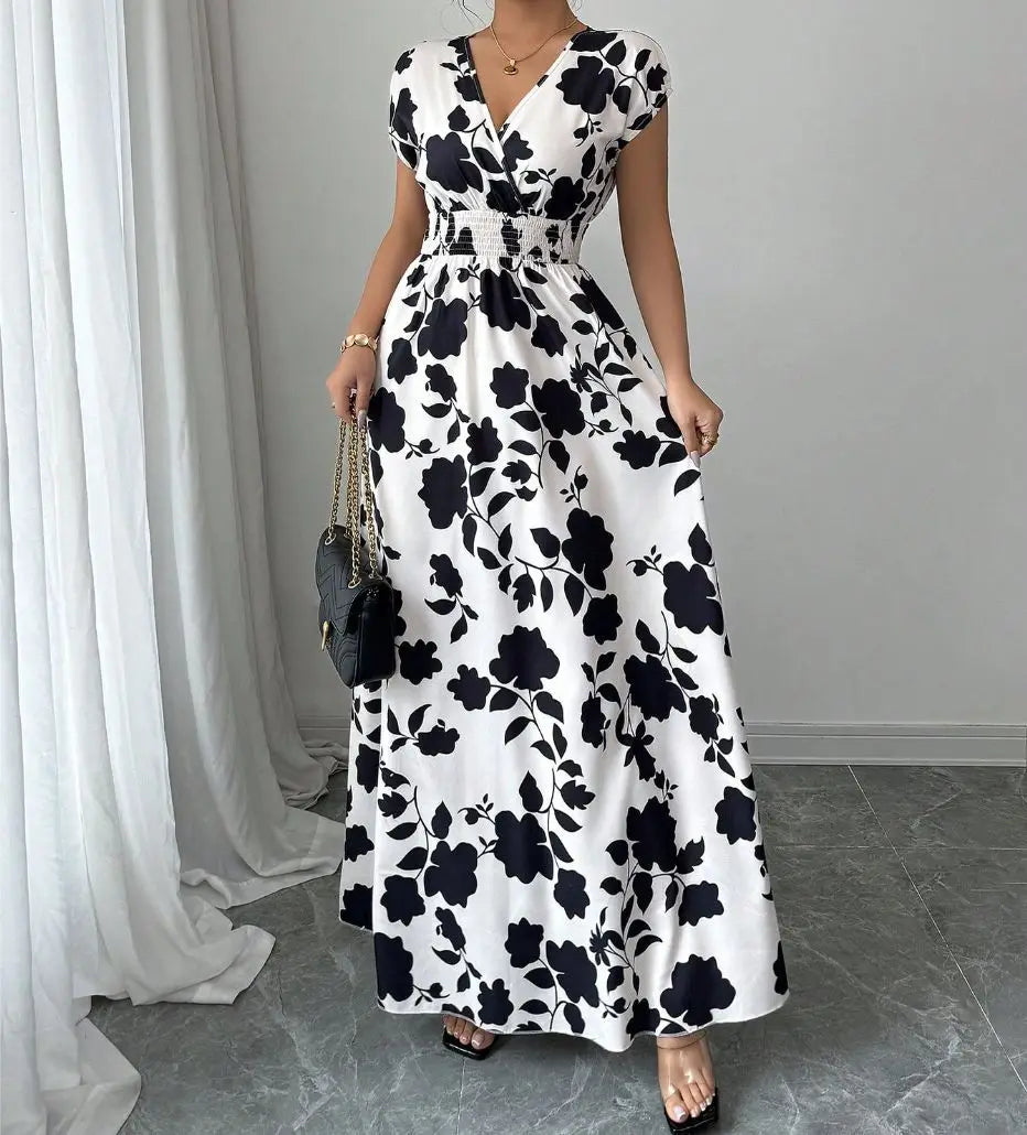 2026 Women's New Fashion Casual Daily Comfortable Elegant Lace-up Floral Print V-neck Short Sleeve Waist Women's Long Dress